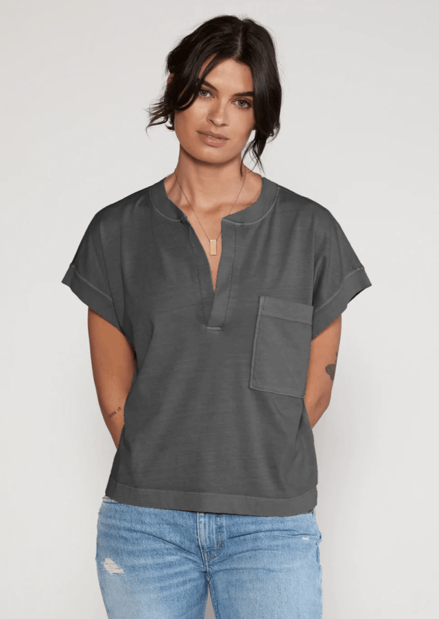 Gaia Split Neck in Black Mineral - Veneka-Sustainable-Ethical-Tops-Etica Denim Drop Ship