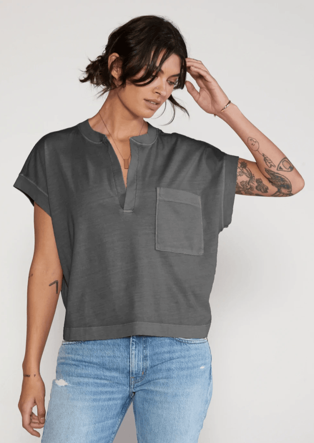 Gaia Split Neck in Black Mineral - Veneka-Sustainable-Ethical-Tops-Etica Denim Drop Ship
