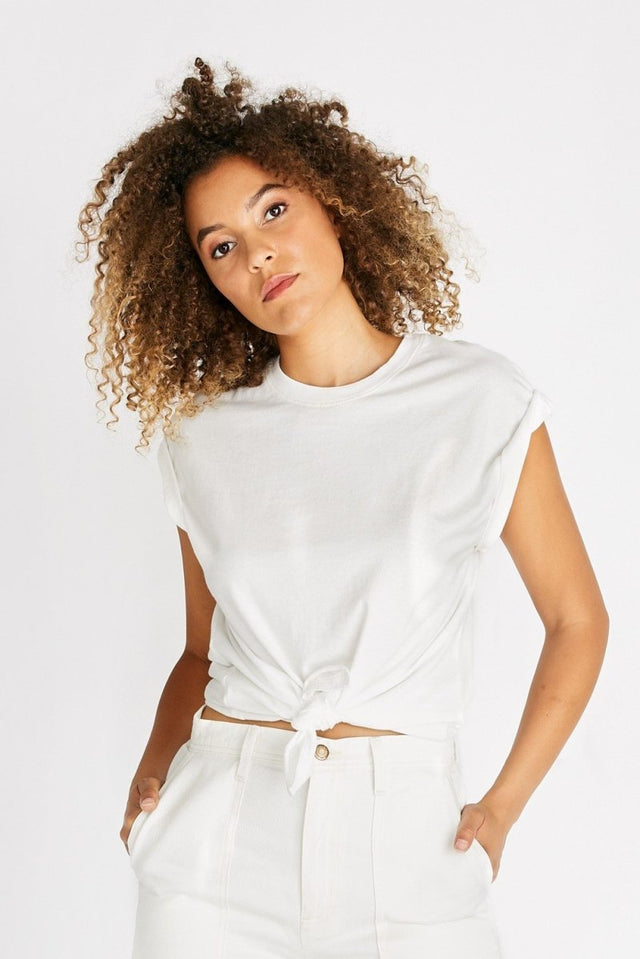 Gemma Organic Cotton Tie Front Tee - Cloud White - Veneka-Sustainable-Ethical-Tops-Etica Denim Drop Ship