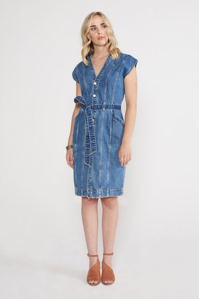 Issa Seamed Dress in Topaz River - Veneka-Sustainable-Ethical-Dresses-Etica Denim Drop Ship