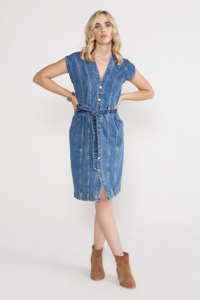 Issa Seamed Dress in Topaz River - Veneka-Sustainable-Ethical-Dresses-Etica Denim Drop Ship