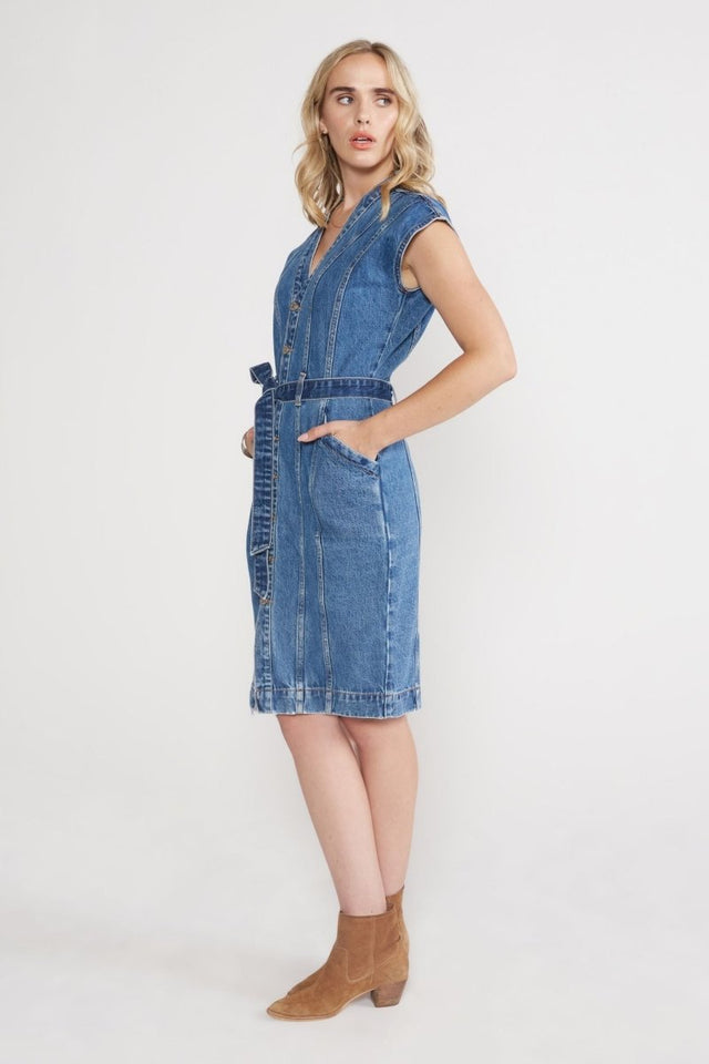 Issa Seamed Dress in Topaz River - Veneka-Sustainable-Ethical-Dresses-Etica Denim Drop Ship