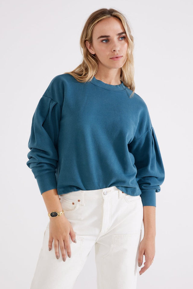 Jael Pleat Sleeve Sweatshirt in Lyons Blue - Veneka-Sustainable-Ethical-Tops-Etica Denim Drop Ship