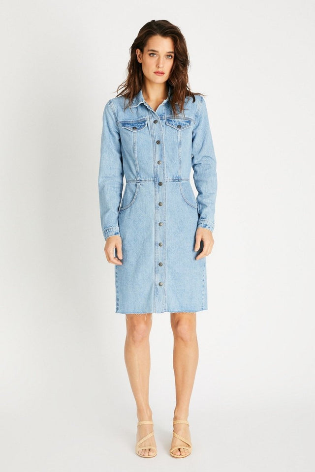 Jordyn Dress in Ice Blue Indigo - Veneka-Sustainable-Ethical-Dresses-Etica Denim Drop Ship