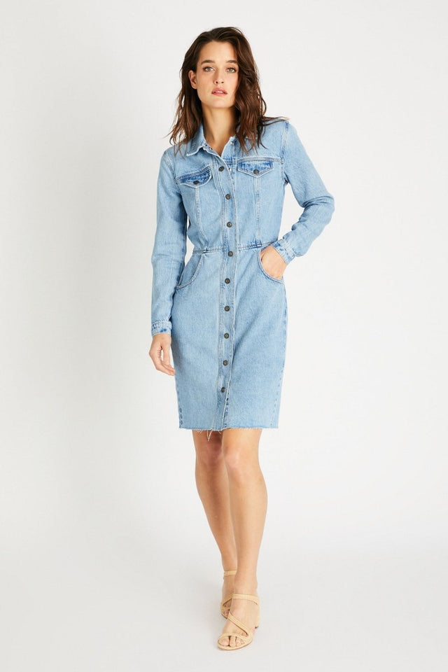 Jordyn Dress in Ice Blue Indigo - Veneka-Sustainable-Ethical-Dresses-Etica Denim Drop Ship