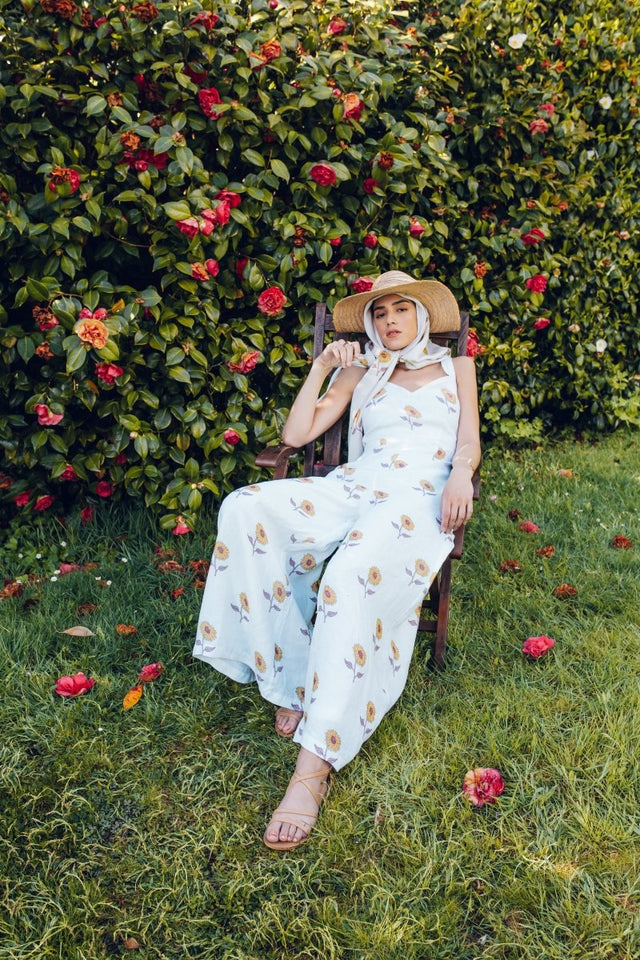 Jumpsuit in Sunflower Handblock - Veneka-Sustainable-Ethical-Dresses-Em & Shi Drop Ship