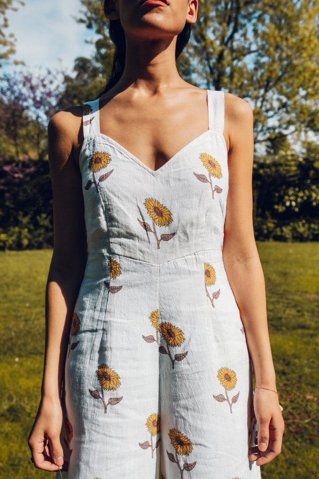 Jumpsuit in Sunflower Handblock - Veneka-Sustainable-Ethical-Dresses-Em & Shi Drop Ship