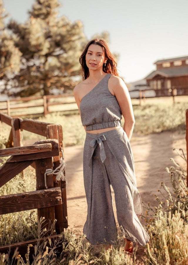 Kara Asymmetrical One Shoulder Hemp Crop Top in Grey - Veneka-Sustainable-Ethical-Tops-Valani Drop Ship