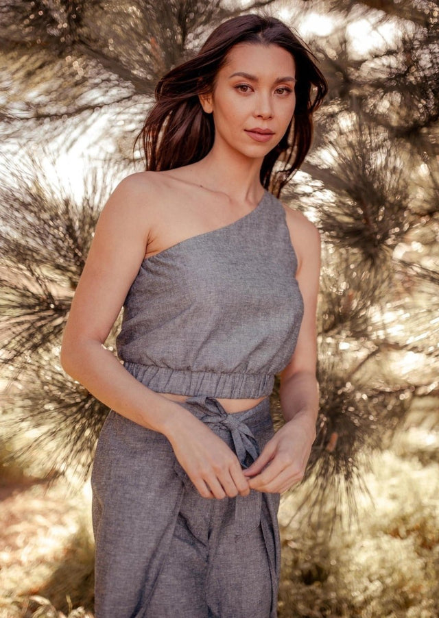 Kara Asymmetrical One Shoulder Hemp Crop Top in Grey - Veneka-Sustainable-Ethical-Tops-Valani Drop Ship