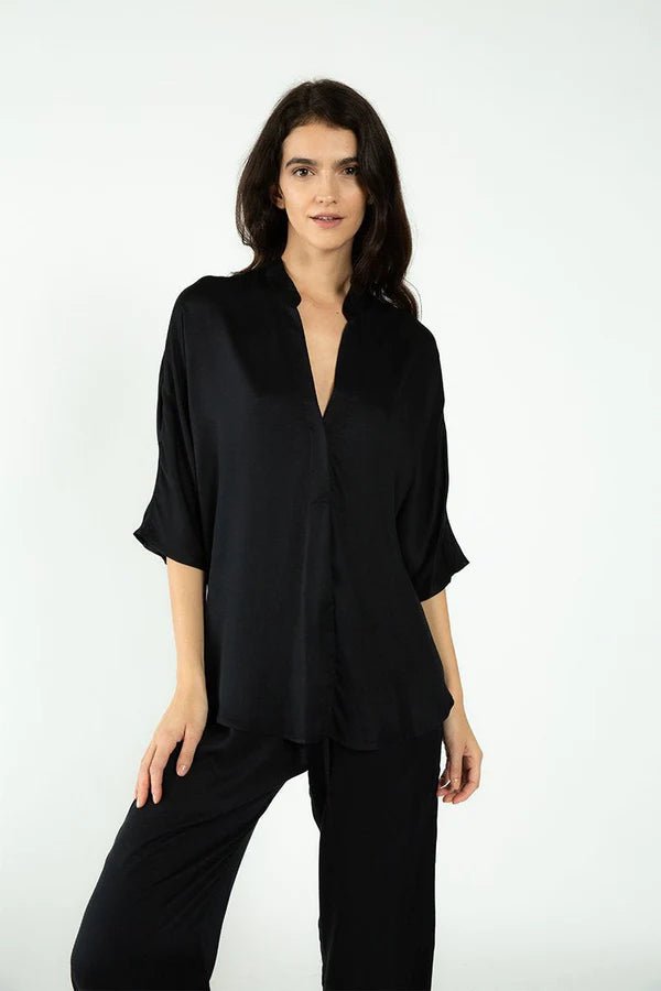 Kerala 3/4 Sleeve V-Neck Blouse in Black - Veneka-Sustainable-Ethical-Tops-Neu Nomads Drop Ship