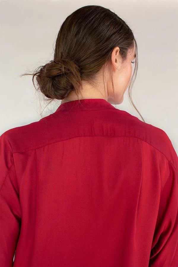 Kerala 3/4 Sleeve V-Neck Blouse in Crimson - Veneka-Sustainable-Ethical-Tops-Neu Nomads Drop Ship