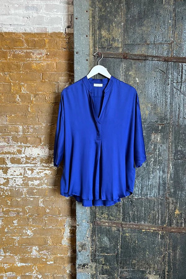 Kerala 3/4 Sleeve V-Neck Blouse in Lapis Blue - Veneka-Sustainable-Ethical-Tops-Neu Nomads Drop Ship