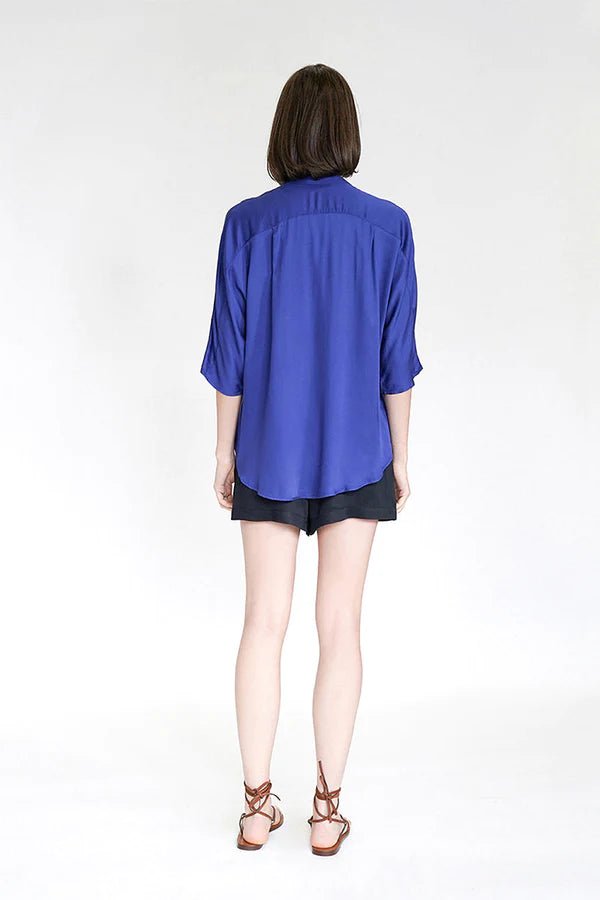 Kerala 3/4 Sleeve V-Neck Blouse in Lapis Blue - Veneka-Sustainable-Ethical-Tops-Neu Nomads Drop Ship