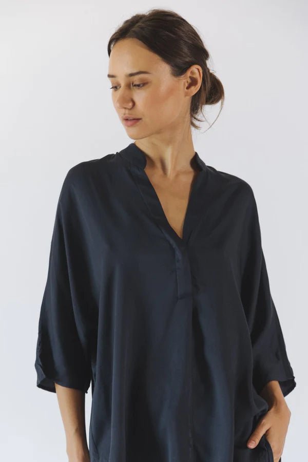 Kerala 3/4 Sleeve V-Neck Blouse in Midnight - Veneka-Sustainable-Ethical-Tops-Neu Nomads Drop Ship