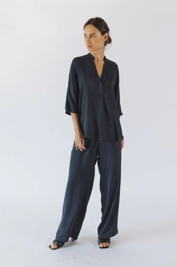 Kerala 3/4 Sleeve V-Neck Blouse in Midnight - Veneka-Sustainable-Ethical-Tops-Neu Nomads Drop Ship