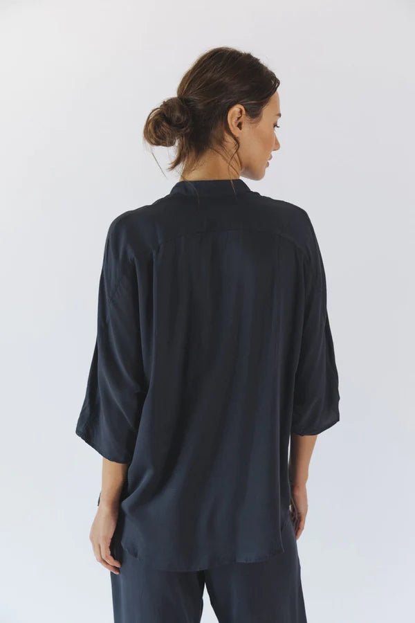 Kerala 3/4 Sleeve V-Neck Blouse in Midnight - Veneka-Sustainable-Ethical-Tops-Neu Nomads Drop Ship