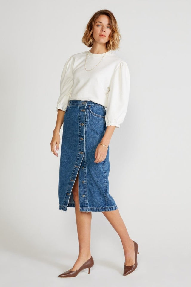 Kyla Skirt in Topaz Lake - Veneka-Sustainable-Ethical-Bottoms-Etica Denim Drop Ship
