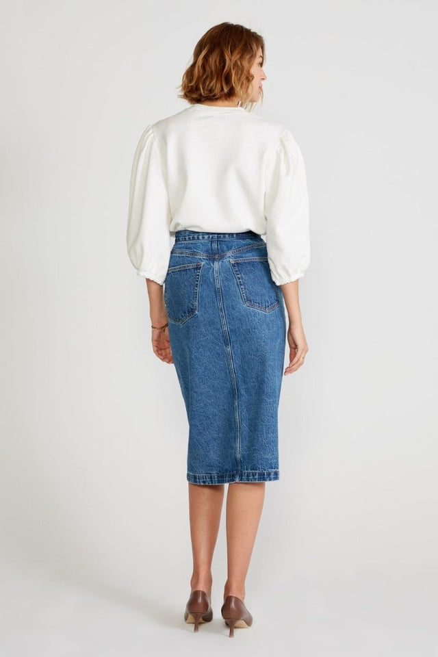 Kyla Skirt in Topaz Lake - Veneka-Sustainable-Ethical-Bottoms-Etica Denim Drop Ship