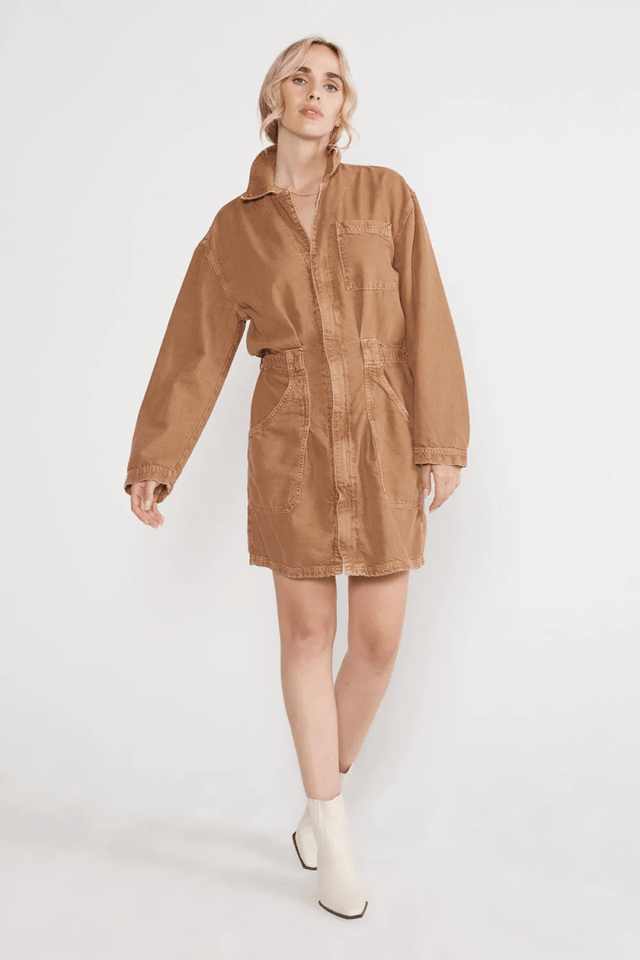 Laurel Utility Dress in Vintage Tawny Brown - Veneka-Sustainable-Ethical-Dresses-Etica Denim Drop Ship