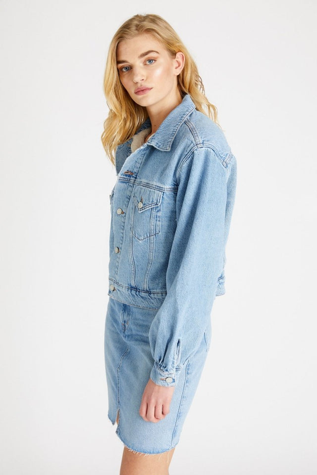 Lauryn Faux Fur Lined Jacket in Ice Blue Indigo - Veneka-Sustainable-Ethical-Jackets-Etica Denim Drop Ship