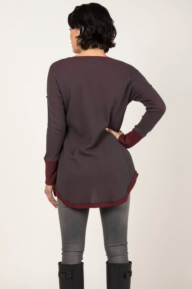 Lightweight Waffle Raglan Tunic in Cherry/Charcoal - Veneka-Sustainable-Ethical-Tops-Indigenous Drop Ship