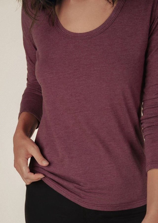 Long Sleeve Scoop Neck Curved Hem Tee in Heather Port - Veneka-Sustainable-Ethical-Tops-Graceful District Drop Ship