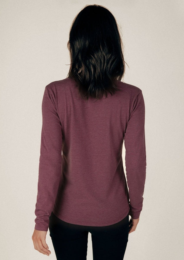Long Sleeve Scoop Neck Curved Hem Tee in Heather Port - Veneka-Sustainable-Ethical-Tops-Graceful District Drop Ship