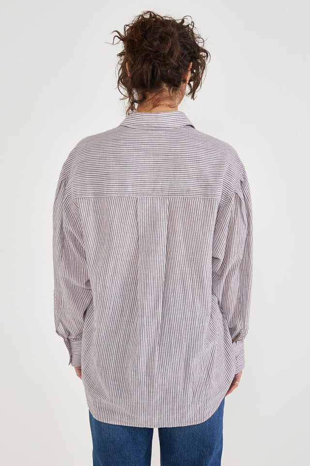Mallory Pleat Sleeve Shirt in Wood Stripe - Veneka-Sustainable-Ethical-Tops-Etica Denim Drop Ship
