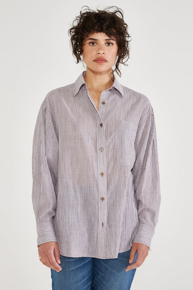 Mallory Pleat Sleeve Shirt in Wood Stripe - Veneka-Sustainable-Ethical-Tops-Etica Denim Drop Ship