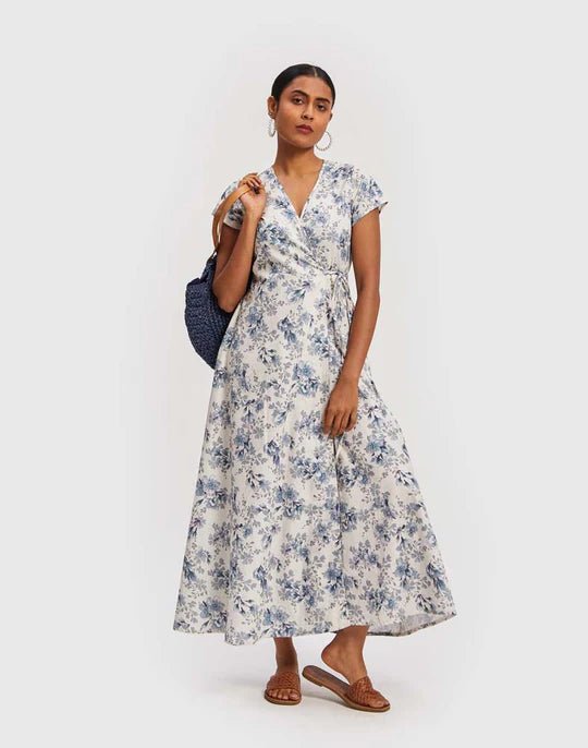 Maxi Wrap Dress in Azure Waves - Veneka-Sustainable-Ethical-Dresses-Reistor Drop Ship