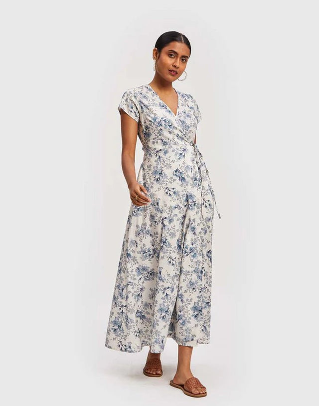 Maxi Wrap Dress in Azure Waves - Veneka-Sustainable-Ethical-Dresses-Reistor Drop Ship