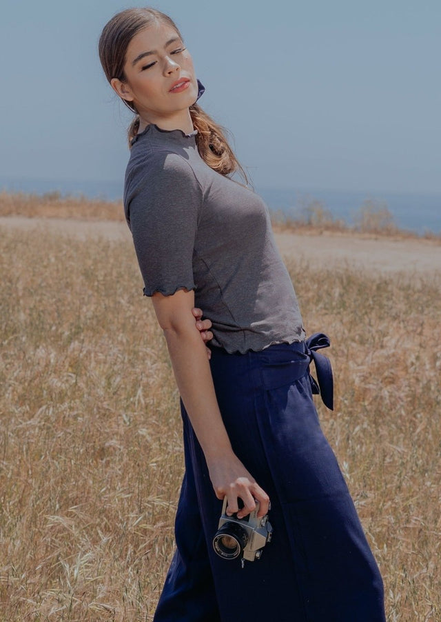Meera Hemp Knit Top with Lettuce Trim in Charcoal - Veneka-Sustainable-Ethical-Tops-Valani Drop Ship