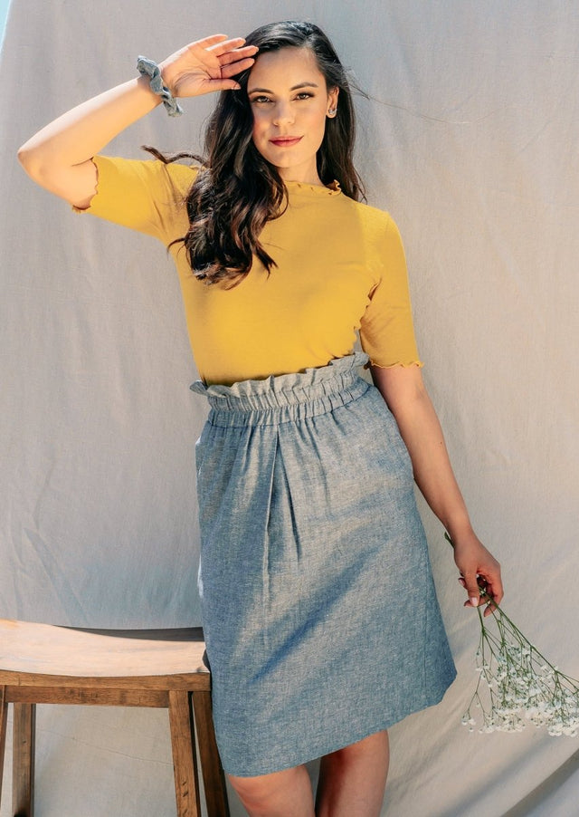 Meera Hemp Knit Top with Lettuce Trim in Gold - Veneka-Sustainable-Ethical-Tops-Valani Drop Ship