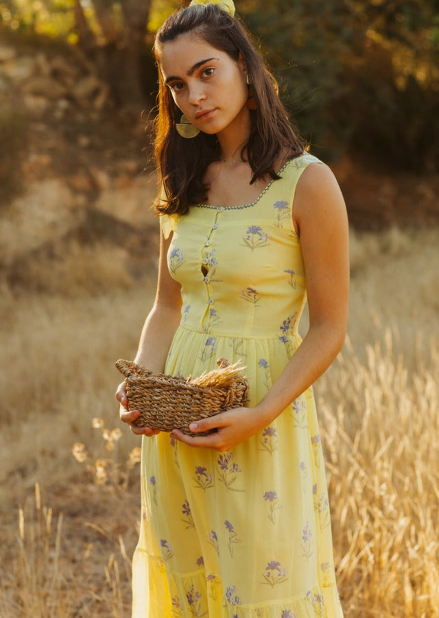 Midi Dress in Lemon Lavender - Veneka-Sustainable-Ethical-Dresses-Em & Shi Drop Ship