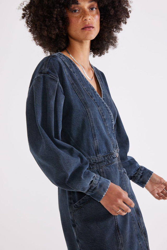 Mira Denim Wrap Dress in Black Lava - Veneka-Sustainable-Ethical-Dresses-Etica Denim Drop Ship