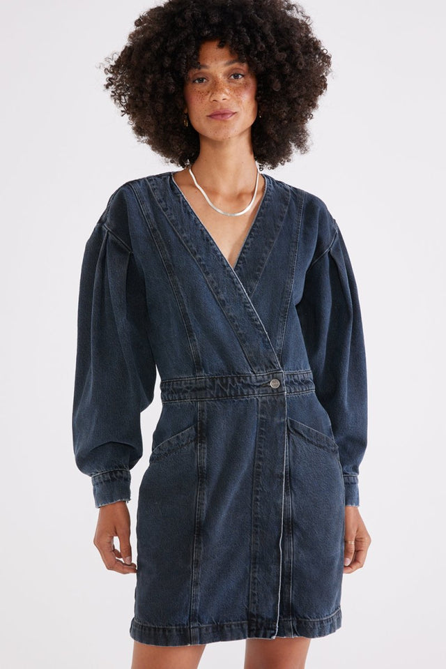 Mira Denim Wrap Dress in Black Lava - Veneka-Sustainable-Ethical-Dresses-Etica Denim Drop Ship