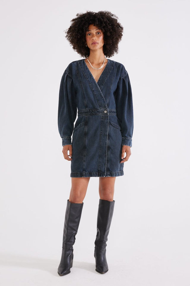 Mira Denim Wrap Dress in Black Lava - Veneka-Sustainable-Ethical-Dresses-Etica Denim Drop Ship