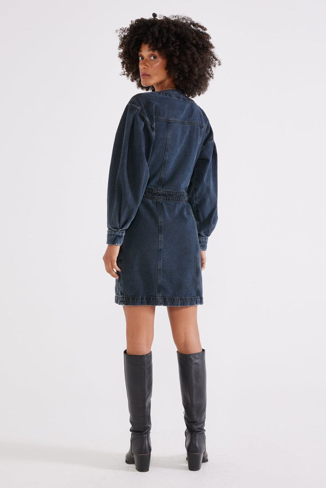 Mira Denim Wrap Dress in Black Lava - Veneka-Sustainable-Ethical-Dresses-Etica Denim Drop Ship