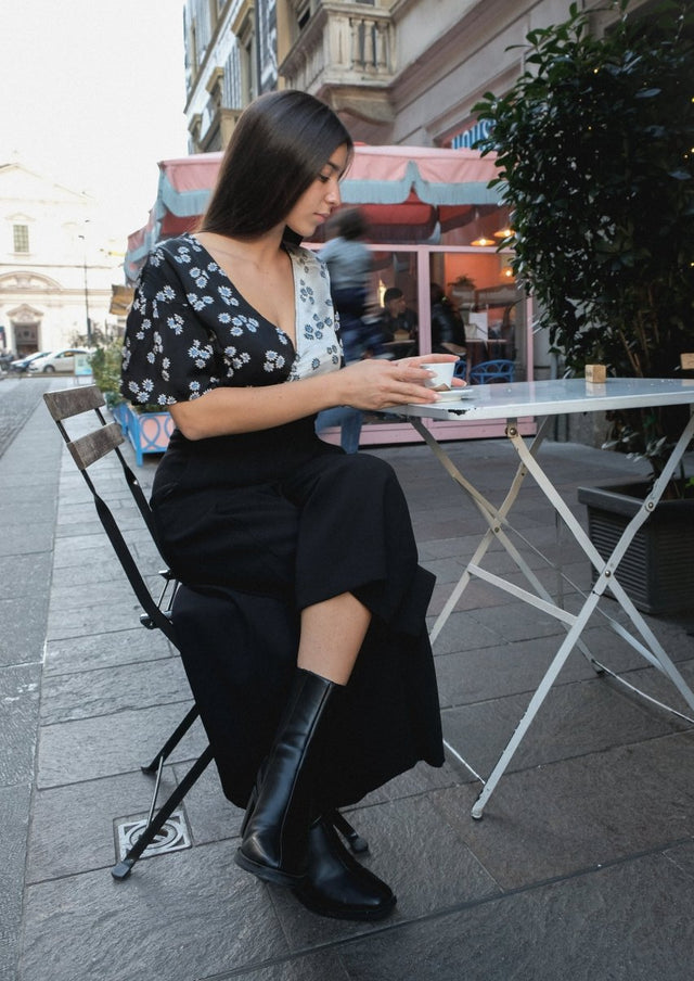 Monochrome Ditsy Wrap Top - Veneka-Sustainable-Ethical-Tops-Em & Shi Drop Ship