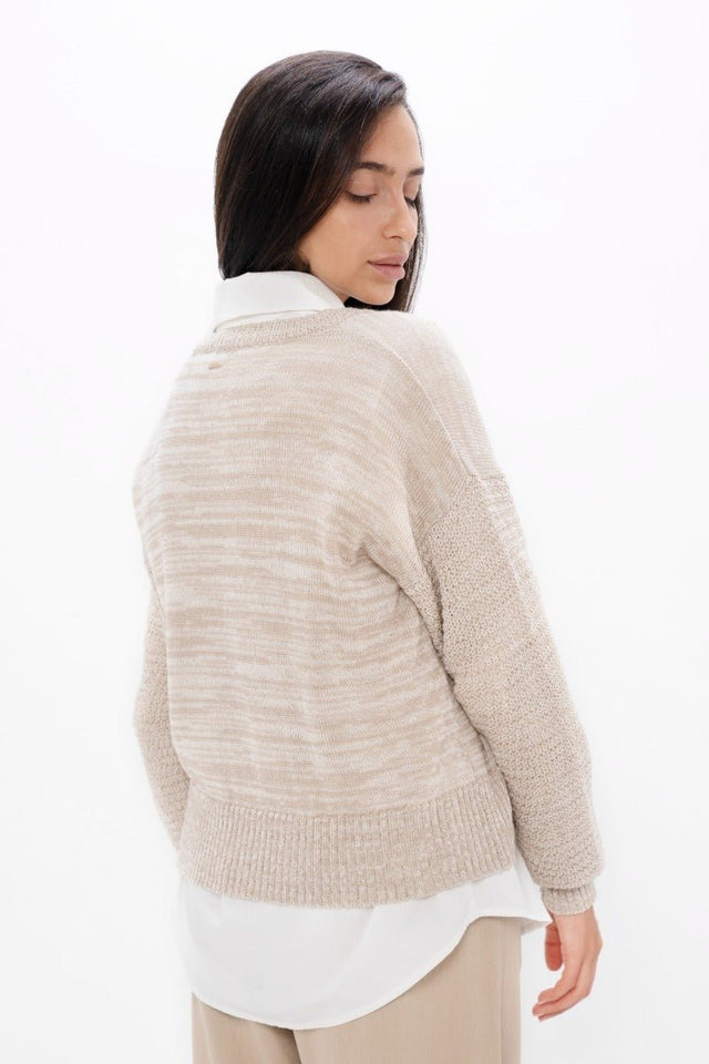 Nagano MMJ V-Neck Sweater in Sand Marl - Veneka-Sustainable-Ethical-Tops-1 People Drop Ship