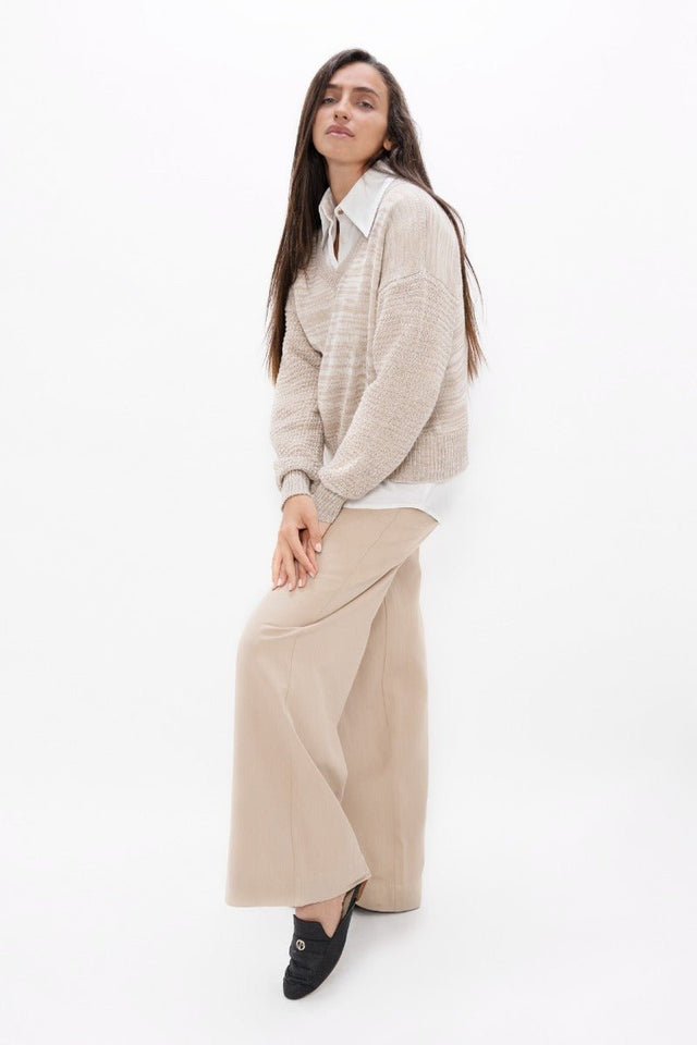 Nagano MMJ V-Neck Sweater in Sand Marl - Veneka-Sustainable-Ethical-Tops-1 People Drop Ship