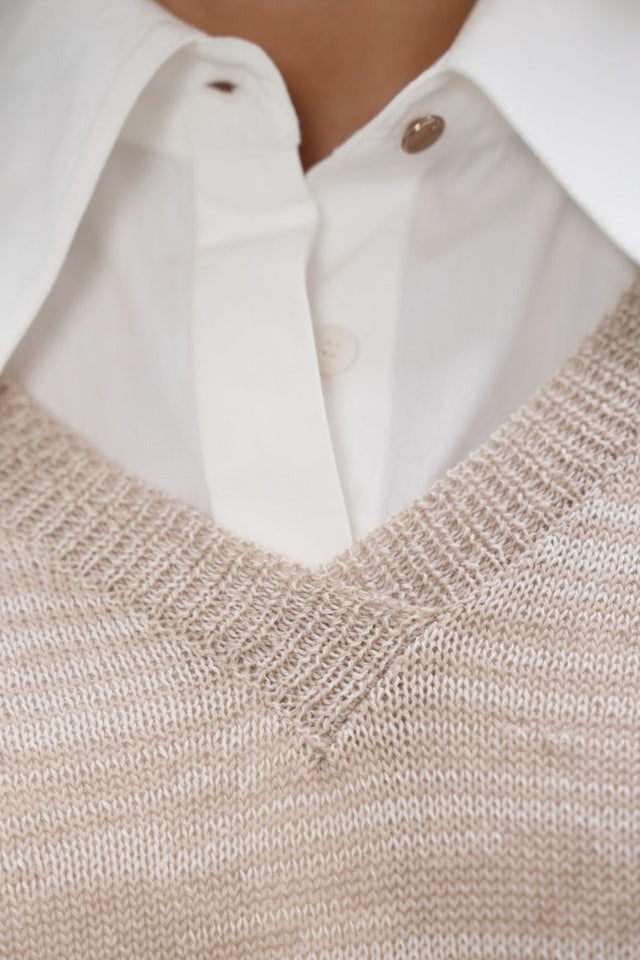 Nagano MMJ V-Neck Sweater in Sand Marl - Veneka-Sustainable-Ethical-Tops-1 People Drop Ship