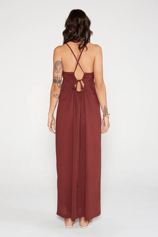 Olivia Halter Maxi in Rum Raisin - Veneka-Sustainable-Ethical-Dresses-Etica Denim Drop Ship
