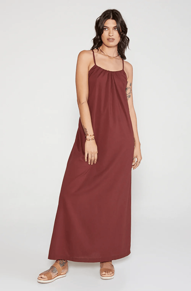 Olivia Halter Maxi in Rum Raisin - Veneka-Sustainable-Ethical-Dresses-Etica Denim Drop Ship