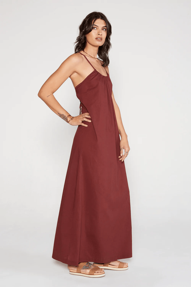 Olivia Halter Maxi in Rum Raisin - Veneka-Sustainable-Ethical-Dresses-Etica Denim Drop Ship