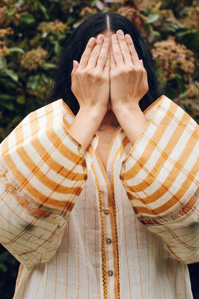 Oversize Yukata Shirt in Caramel Stripe - Veneka-Sustainable-Ethical-Tops-Em & Shi Drop Ship