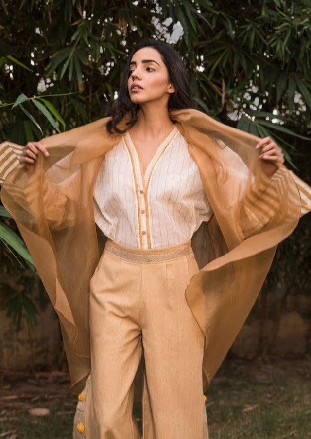 Oversize Yukata Shirt in Caramel Stripe - Veneka-Sustainable-Ethical-Tops-Em & Shi Drop Ship