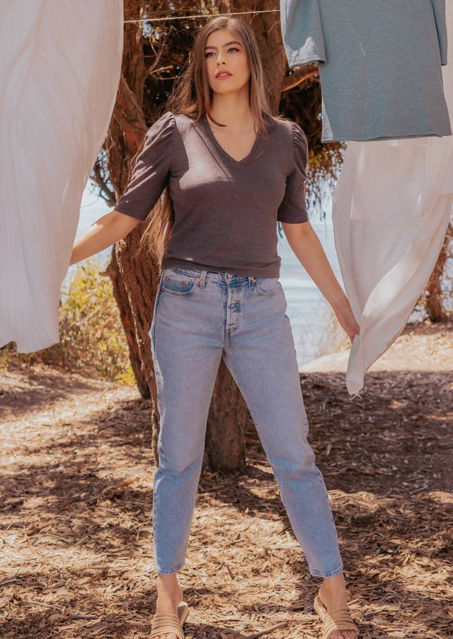 Pauline Hemp Knit Puff Top with V-Neck in Charcoal - Veneka-Sustainable-Ethical-Tops-Valani Drop Ship