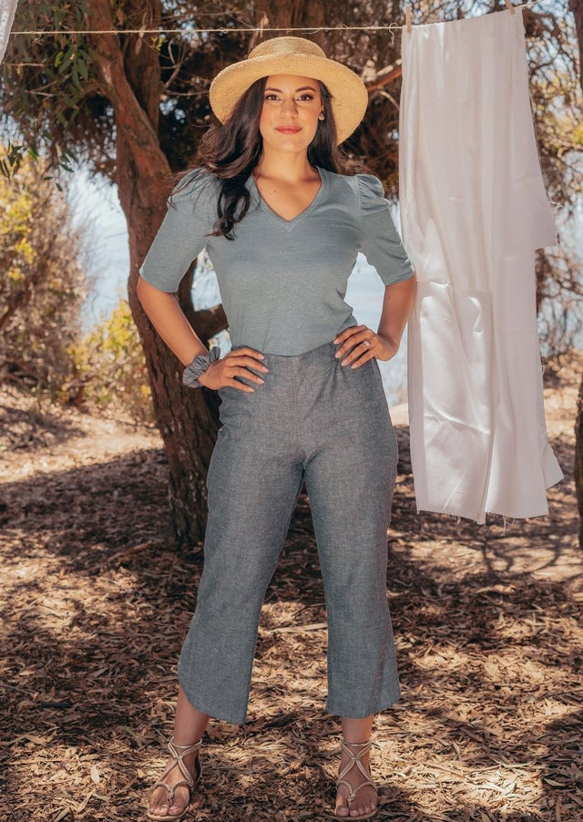 Pauline Hemp Knit Puff Top with V-neck in Mineral Blue - Veneka-Sustainable-Ethical-Tops-Valani Drop Ship