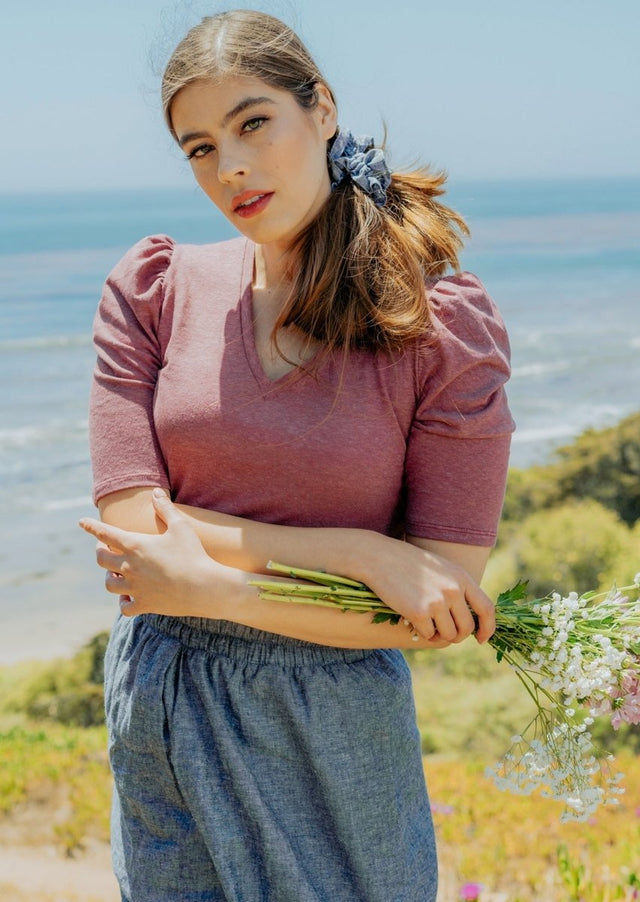 Pauline Hemp Knit Puff Top with V-Neck in Rose Brown - Veneka-Sustainable-Ethical-Tops-Valani Drop Ship